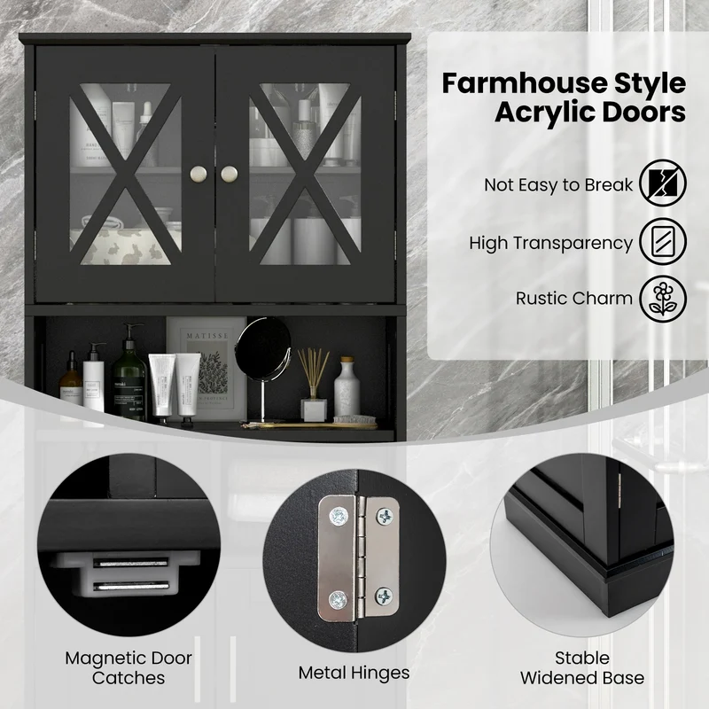 Tall Bathroom Cabinet, Large Floor Storage, Acrylic Doors, 3 Cubes, Black