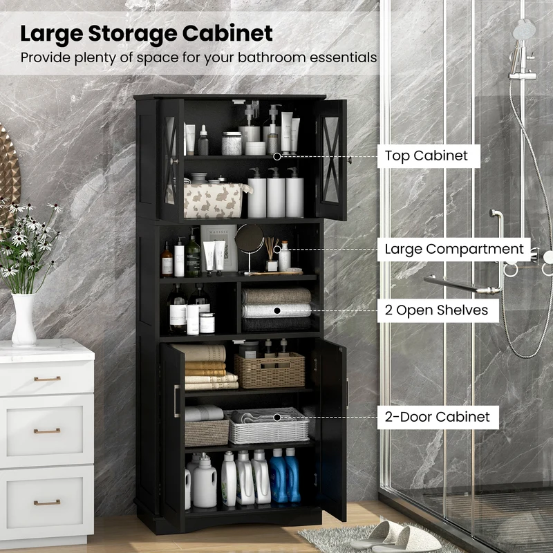 Tall Bathroom Cabinet, Large Floor Storage, Acrylic Doors, 3 Cubes, Black