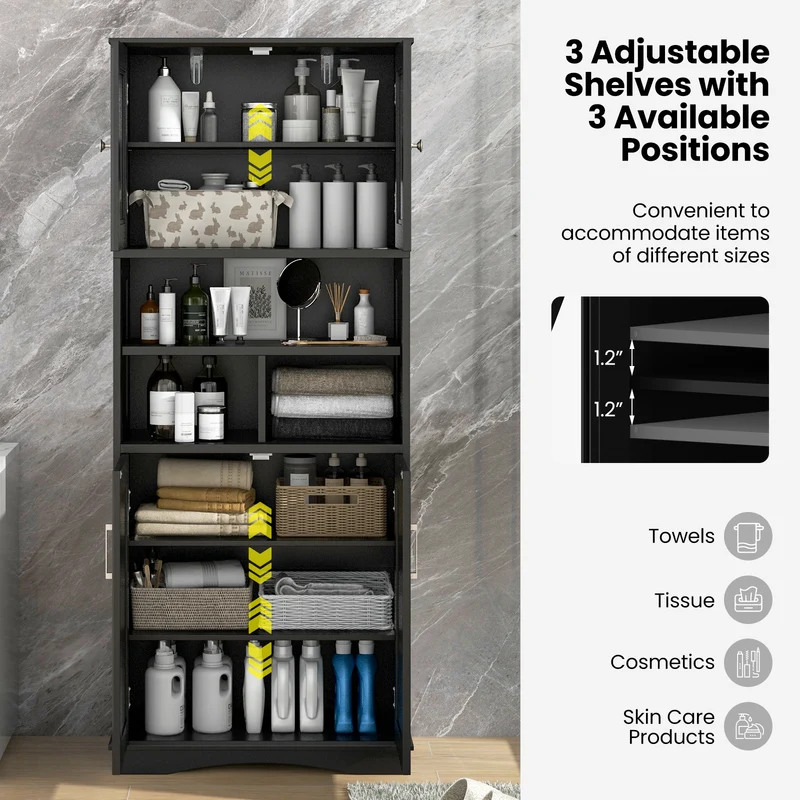 Tall Bathroom Cabinet, Large Floor Storage, Acrylic Doors, 3 Cubes, Black