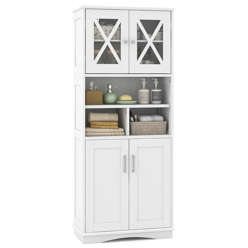 Tall Bathroom Cabinet, Large Floor Storage, Acrylic Doors, 3 Cubes, White
