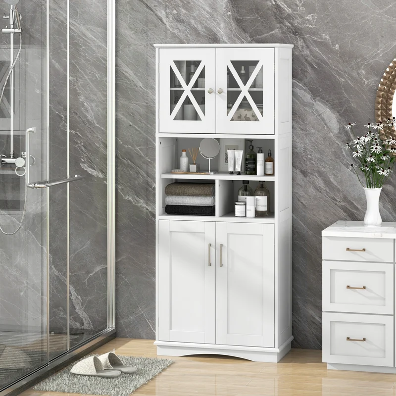 Tall Bathroom Cabinet, Large Floor Storage, Acrylic Doors, 3 Cubes, White