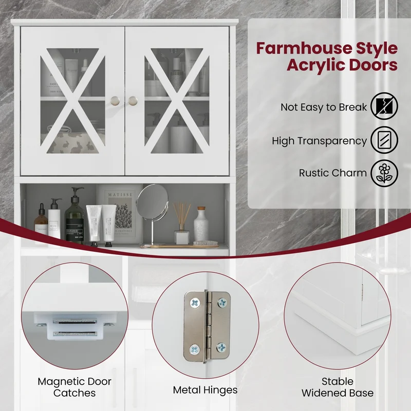 Tall Bathroom Cabinet, Large Floor Storage, Acrylic Doors, 3 Cubes, White