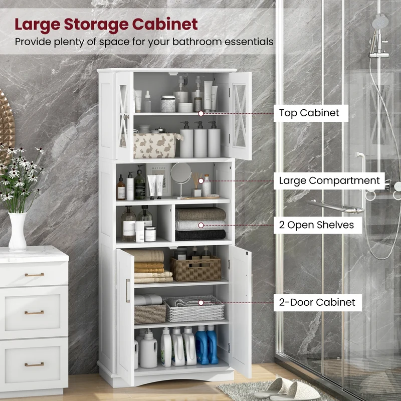 Tall Bathroom Cabinet, Large Floor Storage, Acrylic Doors, 3 Cubes, White