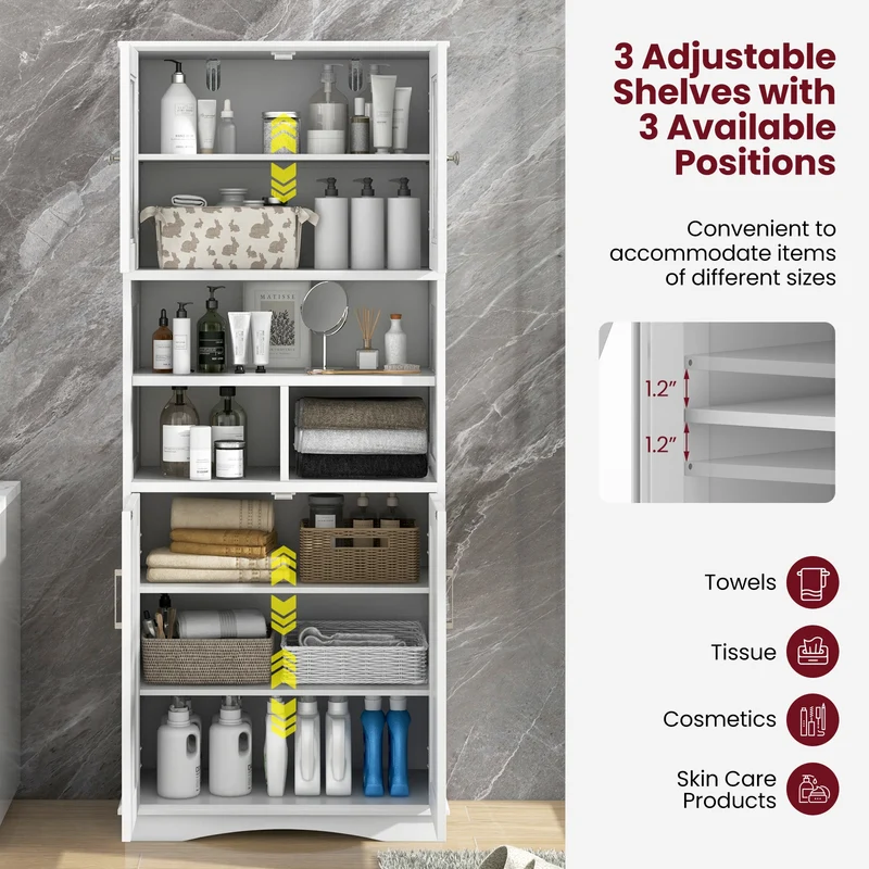 Tall Bathroom Cabinet, Large Floor Storage, Acrylic Doors, 3 Cubes, White