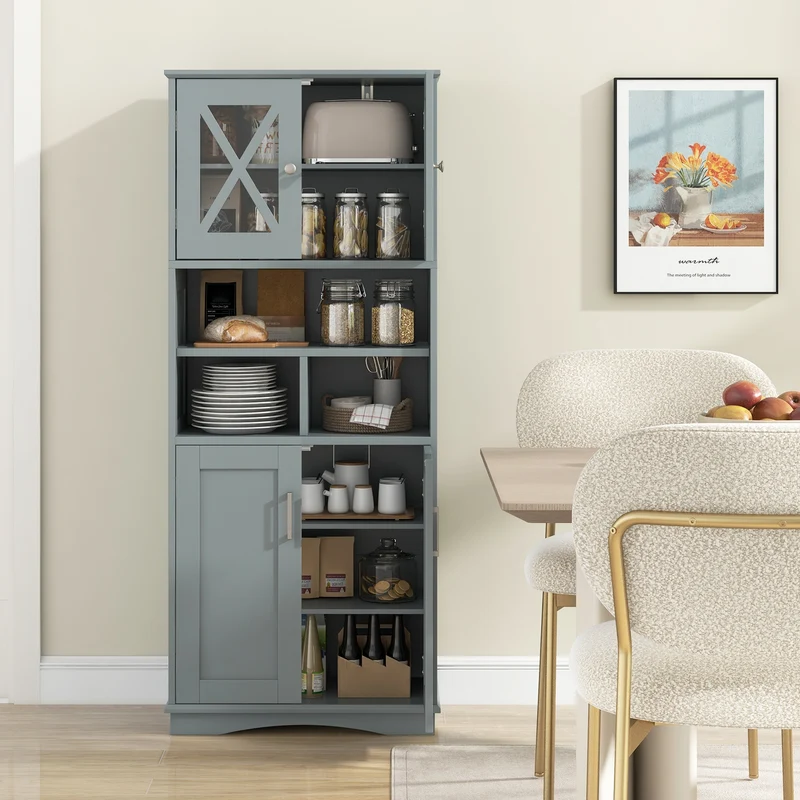 Tall Bathroom Cabinet, Large Floor Storage, Acrylic Doors, 3 Cubes, Gray