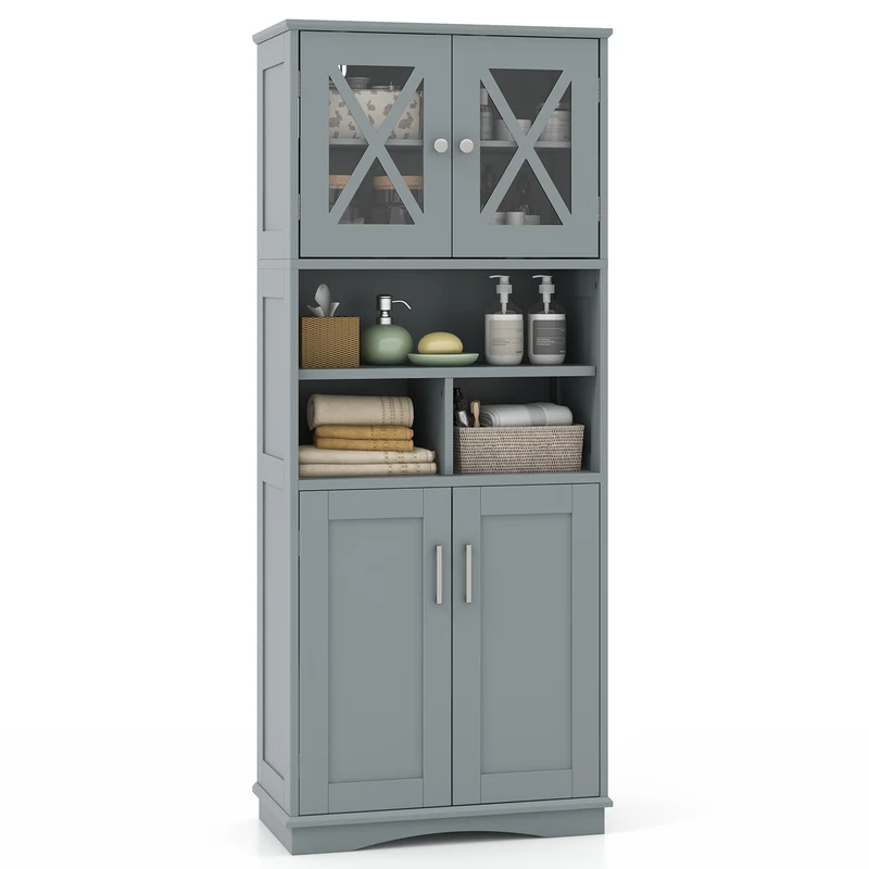 Tall Bathroom Cabinet, Large Floor Storage, Acrylic Doors, 3 Cubes, Gray