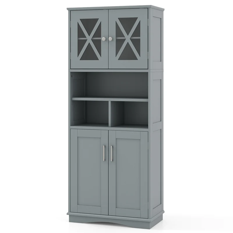 Tall Bathroom Cabinet, Large Floor Storage, Acrylic Doors, 3 Cubes, Gray