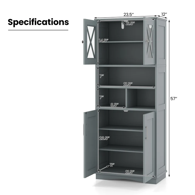 Tall Bathroom Cabinet, Large Floor Storage, Acrylic Doors, 3 Cubes, Gray