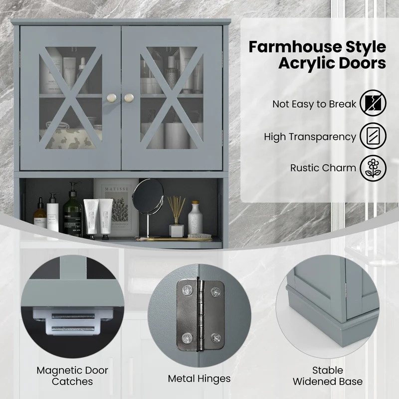 Tall Bathroom Cabinet, Large Floor Storage, Acrylic Doors, 3 Cubes, Gray