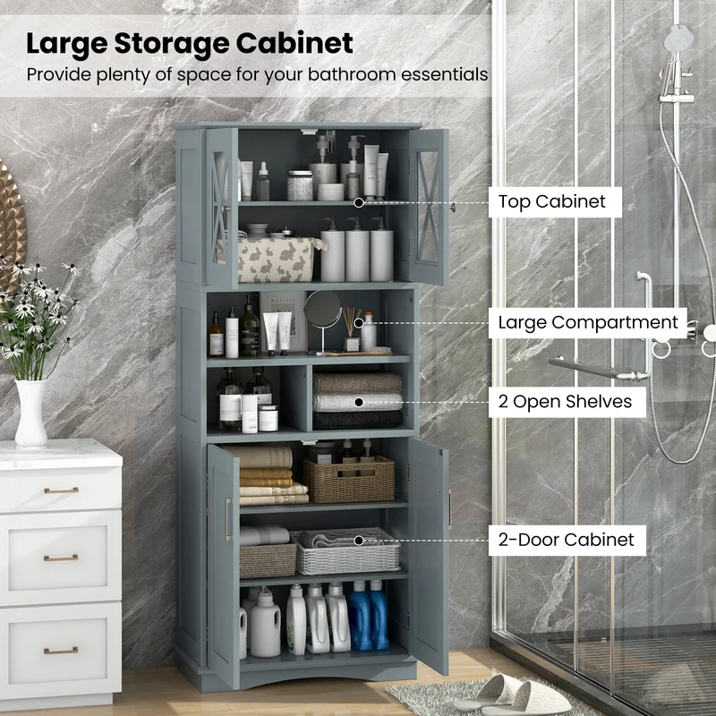 Tall Bathroom Cabinet, Large Floor Storage, Acrylic Doors, 3 Cubes, Gray