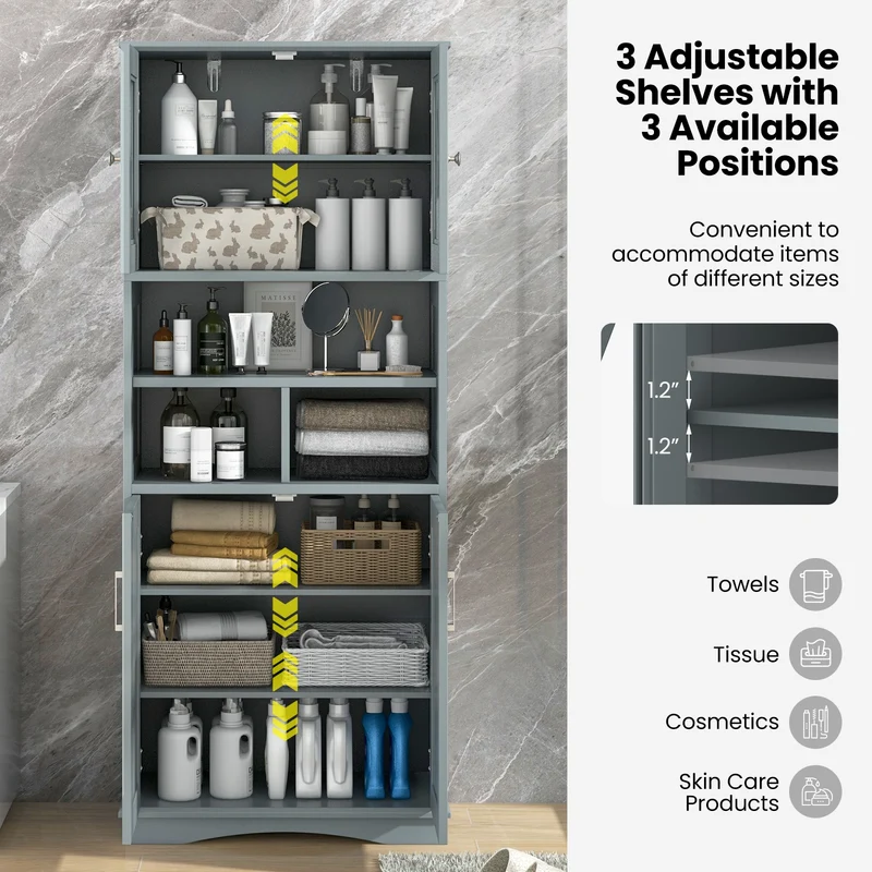 Tall Bathroom Cabinet, Large Floor Storage, Acrylic Doors, 3 Cubes, Gray