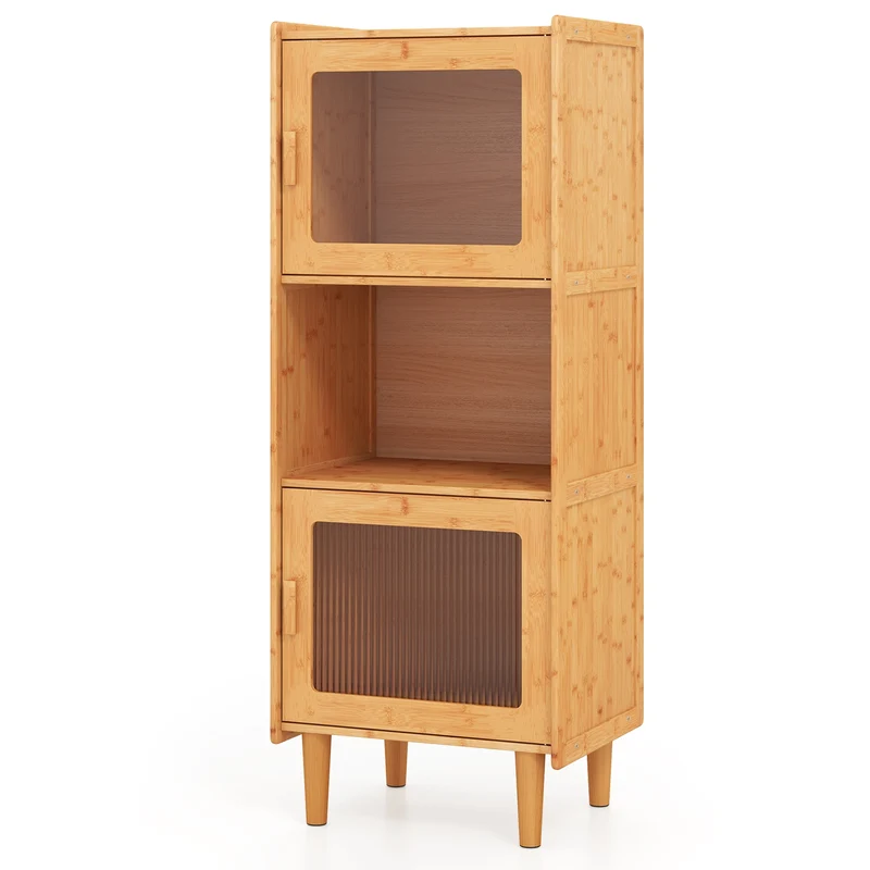 3-Cube Bamboo Storage Cabinet, Open Compartment, 2 Acrylic Doors, Natural