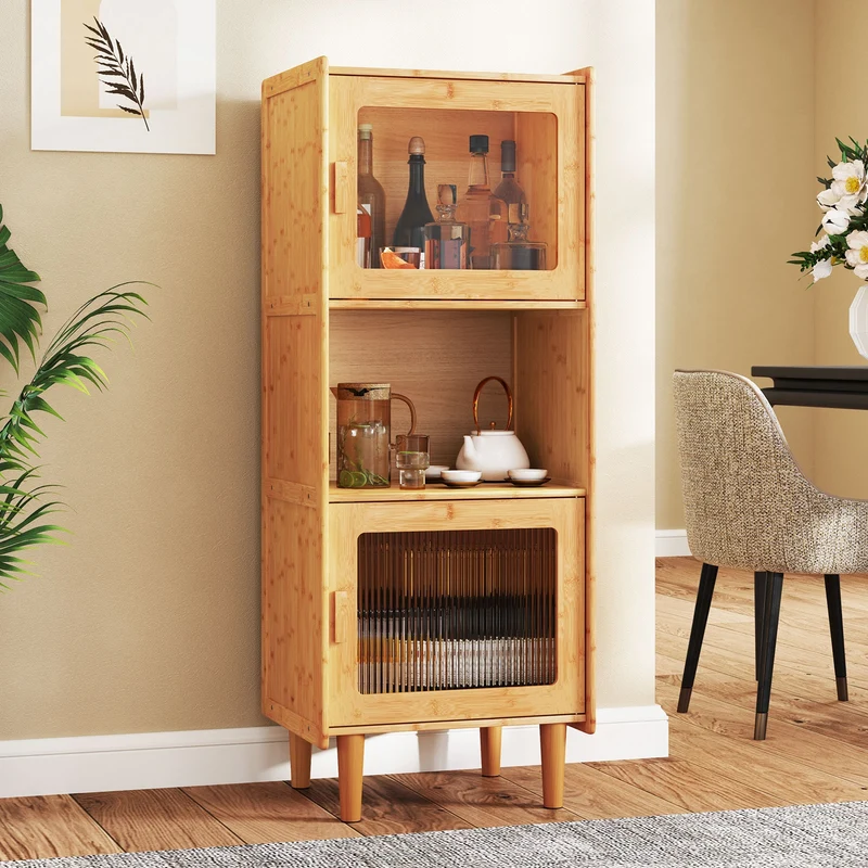 3-Cube Bamboo Storage Cabinet, Open Compartment, 2 Acrylic Doors, Natural