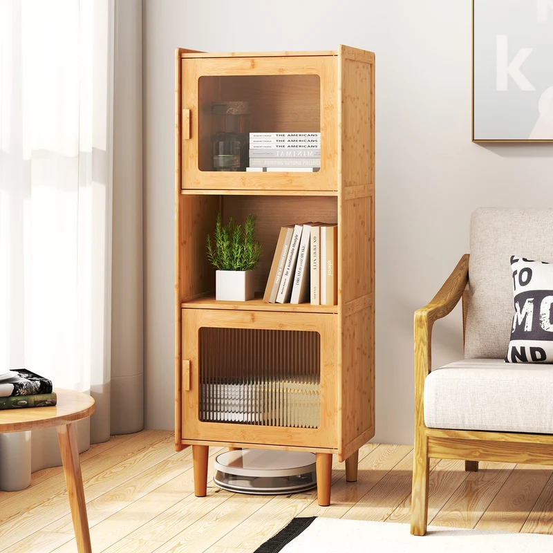 3-Cube Bamboo Storage Cabinet, Open Compartment, 2 Acrylic Doors, Natural