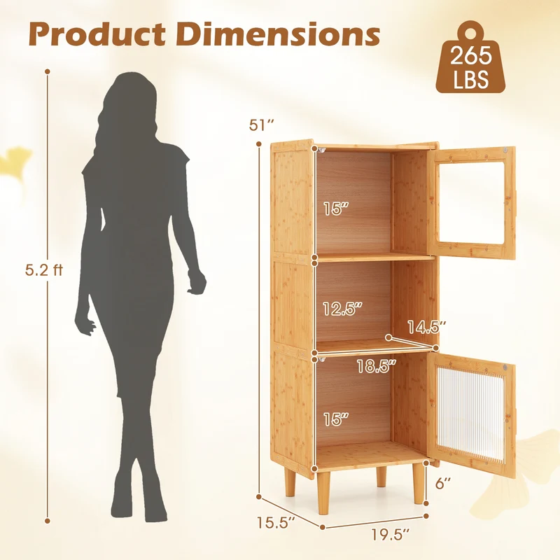 3-Cube Bamboo Storage Cabinet, Open Compartment, 2 Acrylic Doors, Natural