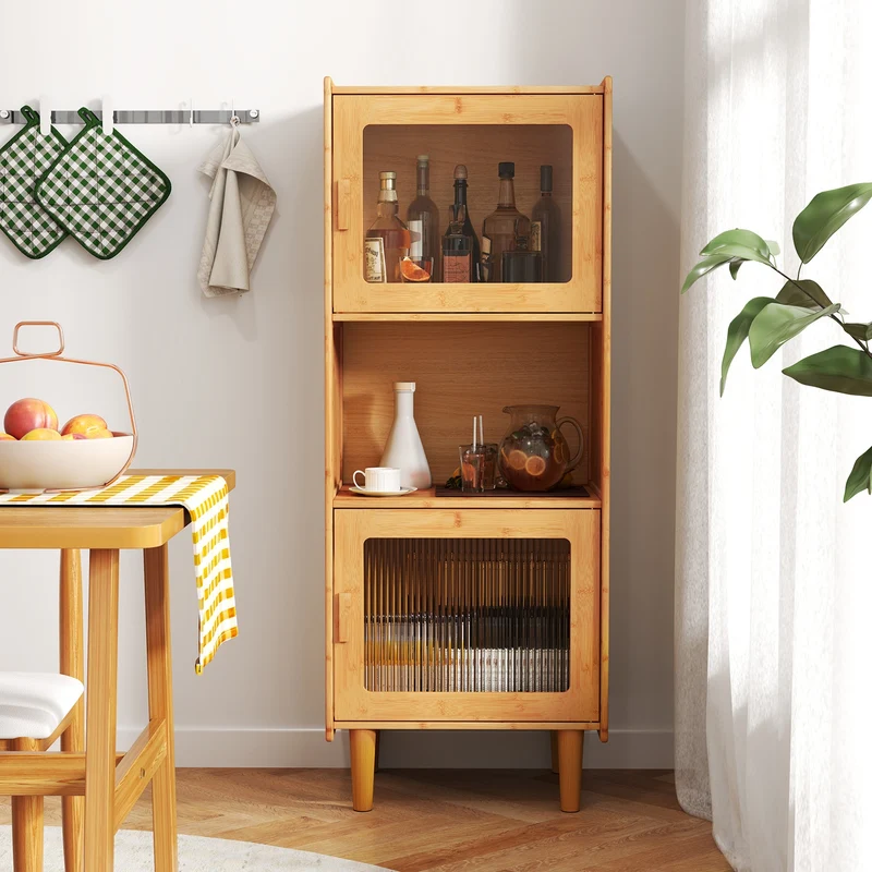 3-Cube Bamboo Storage Cabinet, Open Compartment, 2 Acrylic Doors, Natural