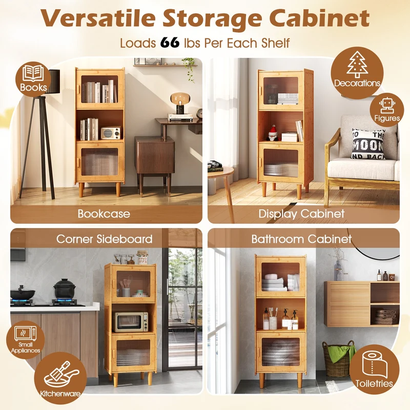 3-Cube Bamboo Storage Cabinet, Open Compartment, 2 Acrylic Doors, Natural