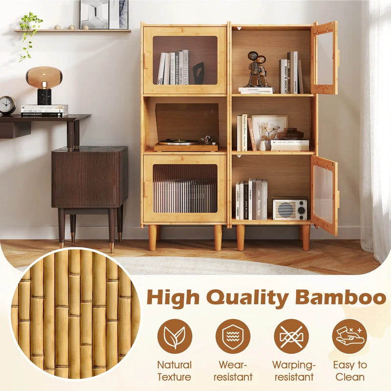 3-Cube Bamboo Storage Cabinet, Open Compartment, 2 Acrylic Doors, Natural