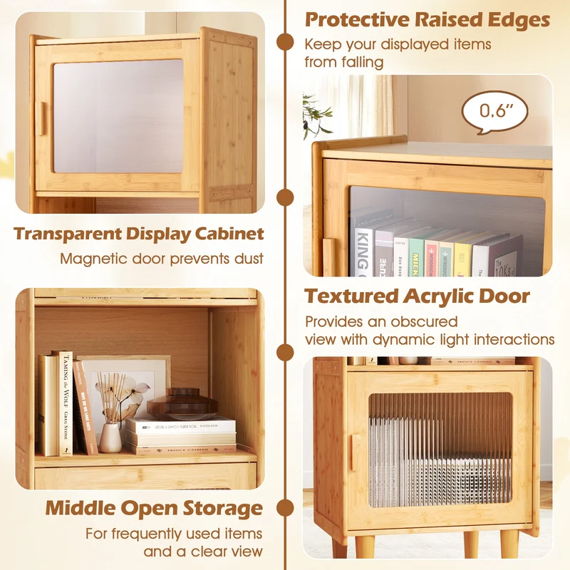 3-Cube Bamboo Storage Cabinet, Open Compartment, 2 Acrylic Doors, Natural