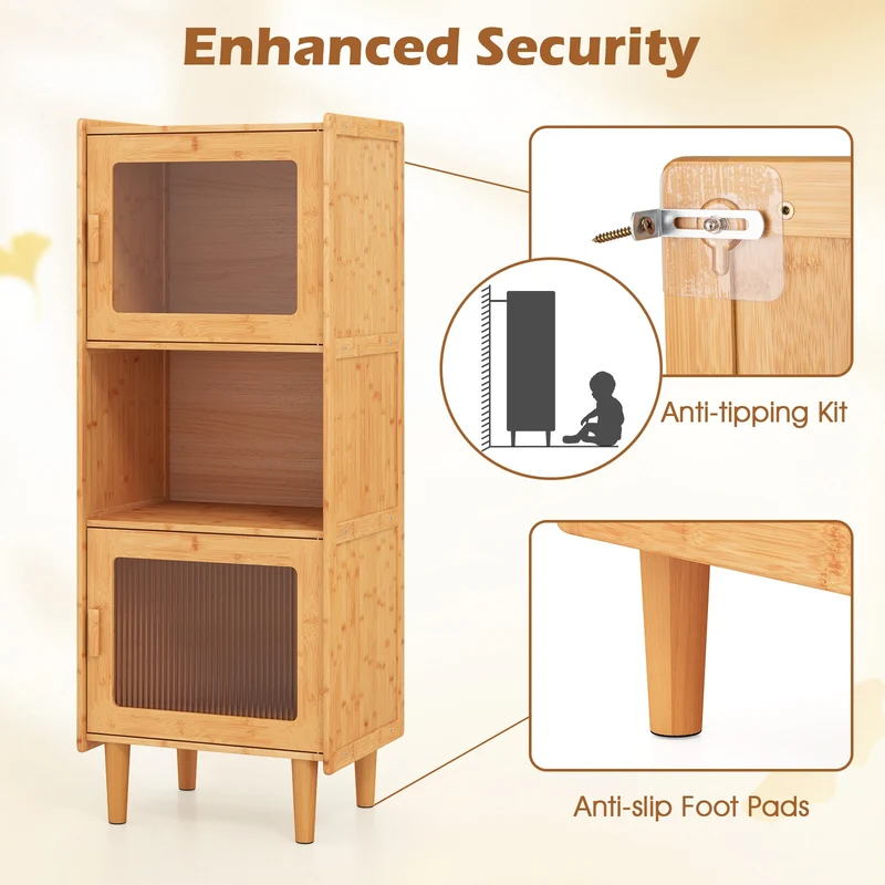 3-Cube Bamboo Storage Cabinet, Open Compartment, 2 Acrylic Doors, Natural
