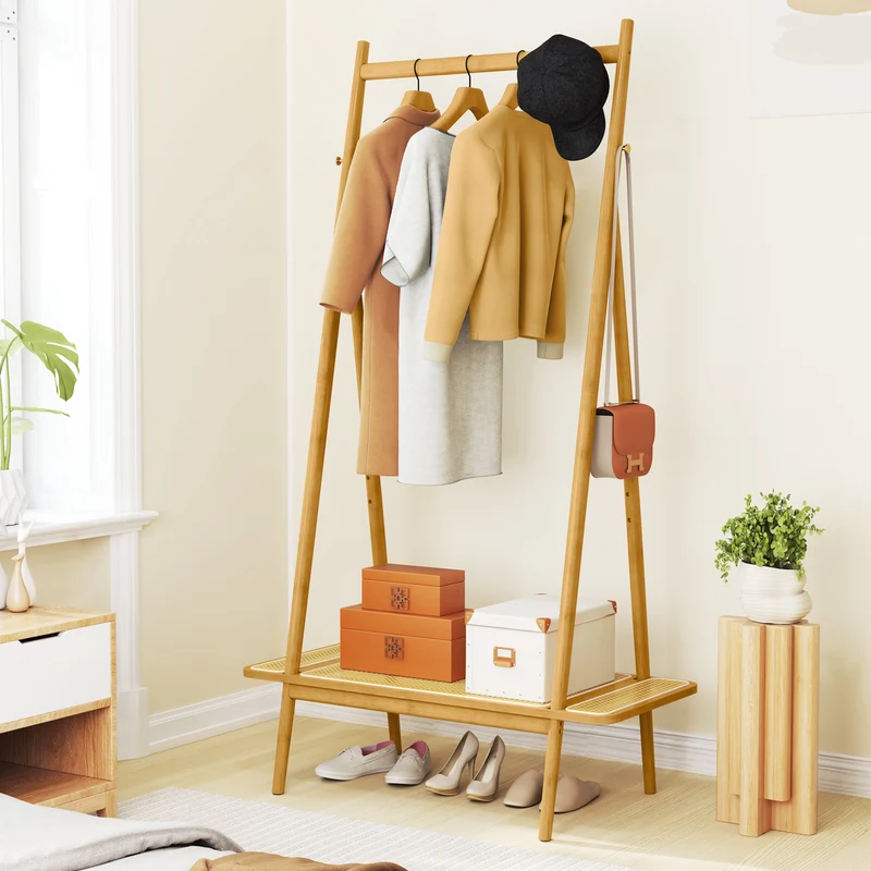 Bamboo Clothes Rack, Hanging Rod, Rattan Shelf, Copper Hooks, Natural