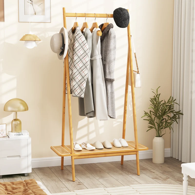 Bamboo Clothes Rack, Hanging Rod, Rattan Shelf, Copper Hooks, Natural