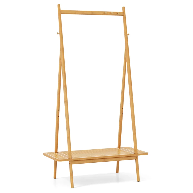 Bamboo Clothes Rack, Hanging Rod, Rattan Shelf, Copper Hooks, Natural