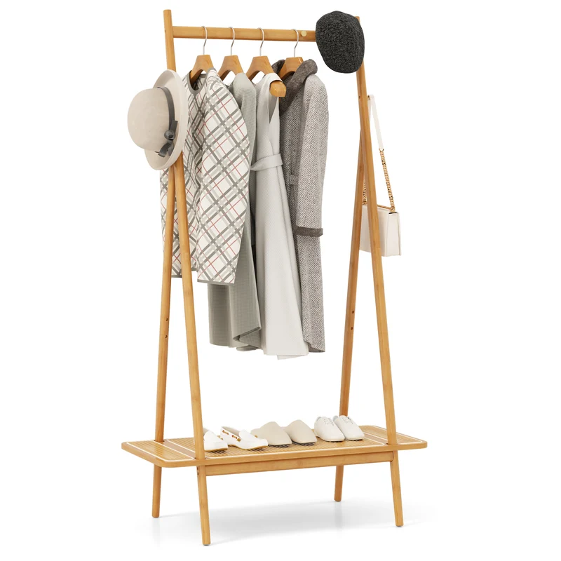 Bamboo Clothes Rack, Hanging Rod, Rattan Shelf, Copper Hooks, Natural