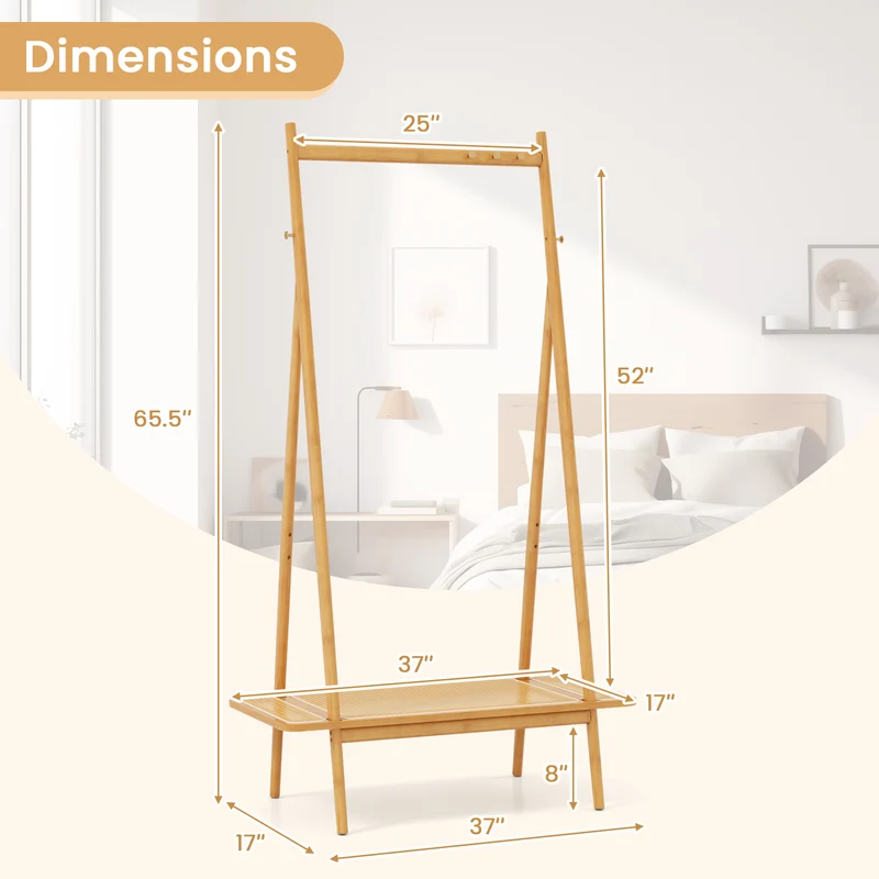 Bamboo Clothes Rack, Hanging Rod, Rattan Shelf, Copper Hooks, Natural