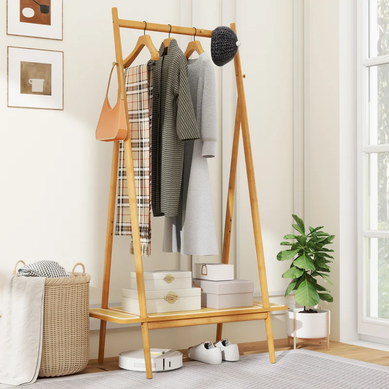 Bamboo Clothes Rack, Hanging Rod, Rattan Shelf, Copper Hooks, Natural