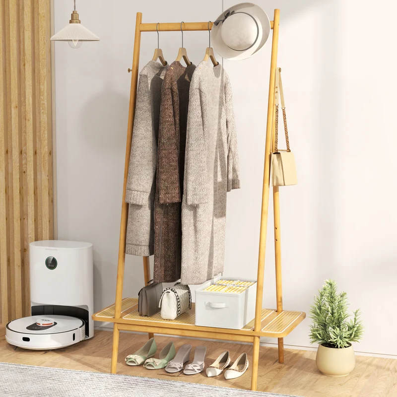 Bamboo Clothes Rack, Hanging Rod, Rattan Shelf, Copper Hooks, Natural