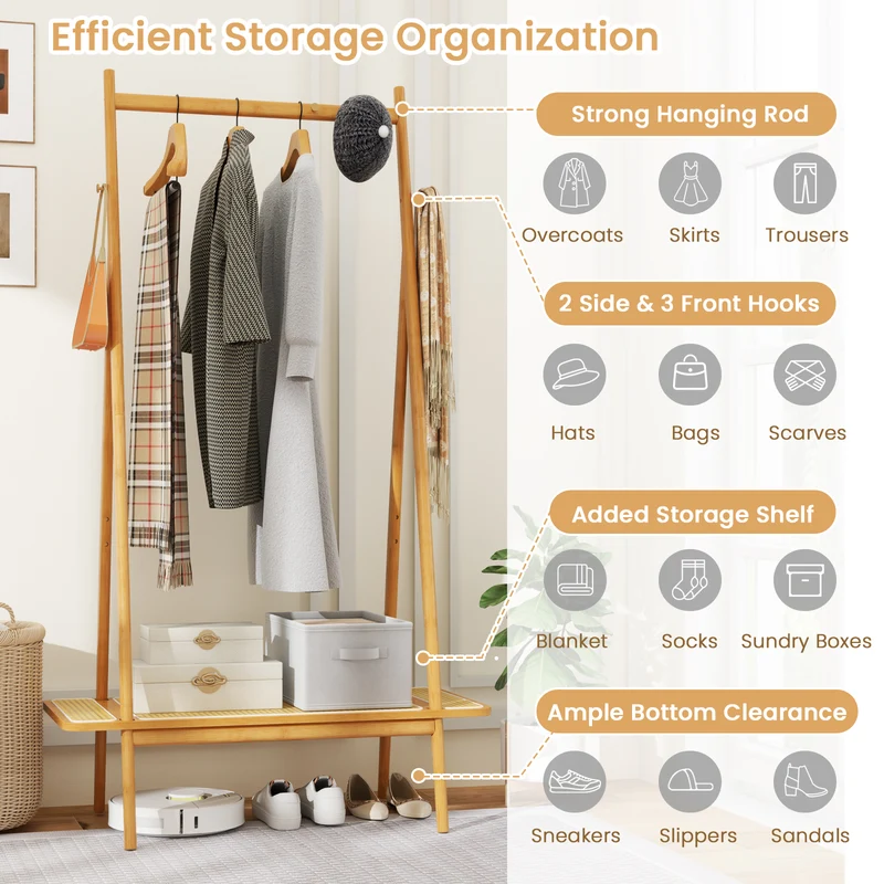 Bamboo Clothes Rack, Hanging Rod, Rattan Shelf, Copper Hooks, Natural