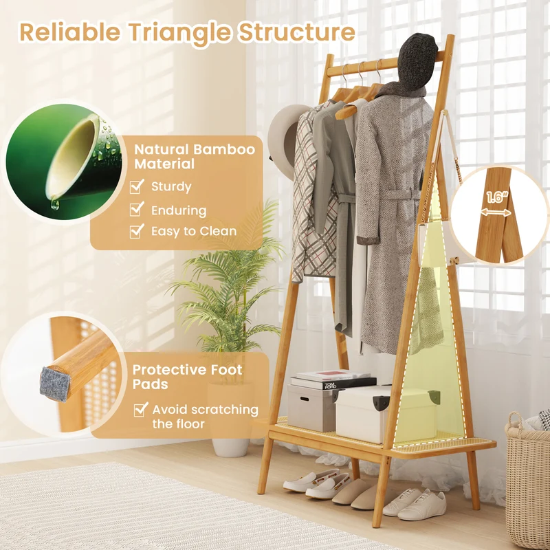 Bamboo Clothes Rack, Hanging Rod, Rattan Shelf, Copper Hooks, Natural