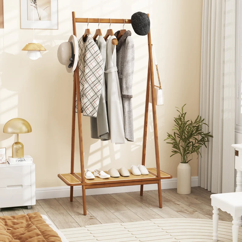 Bamboo Clothes Rack With Hanging Rod, Rattan Shelf, Copper Hooks, Brown