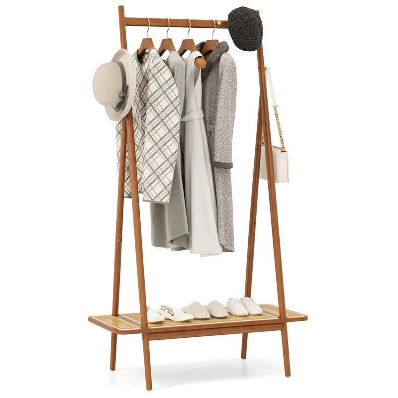 Bamboo Clothes Rack With Hanging Rod, Rattan Shelf, Copper Hooks, Brown