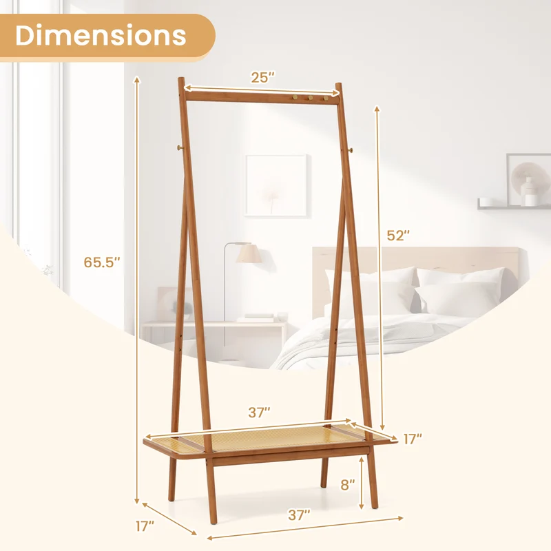 Bamboo Clothes Rack With Hanging Rod, Rattan Shelf, Copper Hooks, Brown