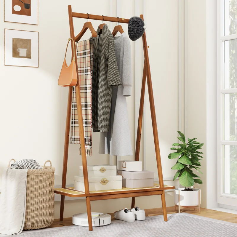 Bamboo Clothes Rack With Hanging Rod, Rattan Shelf, Copper Hooks, Brown