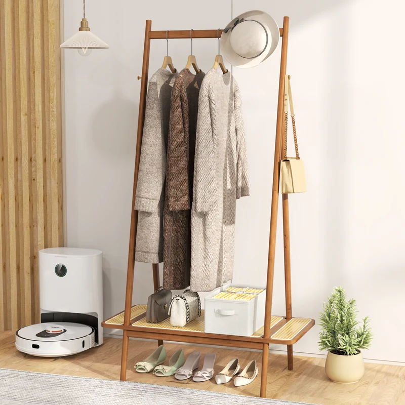 Bamboo Clothes Rack With Hanging Rod, Rattan Shelf, Copper Hooks, Brown