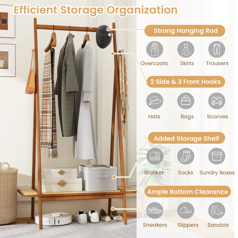 Bamboo Clothes Rack With Hanging Rod, Rattan Shelf, Copper Hooks, Brown