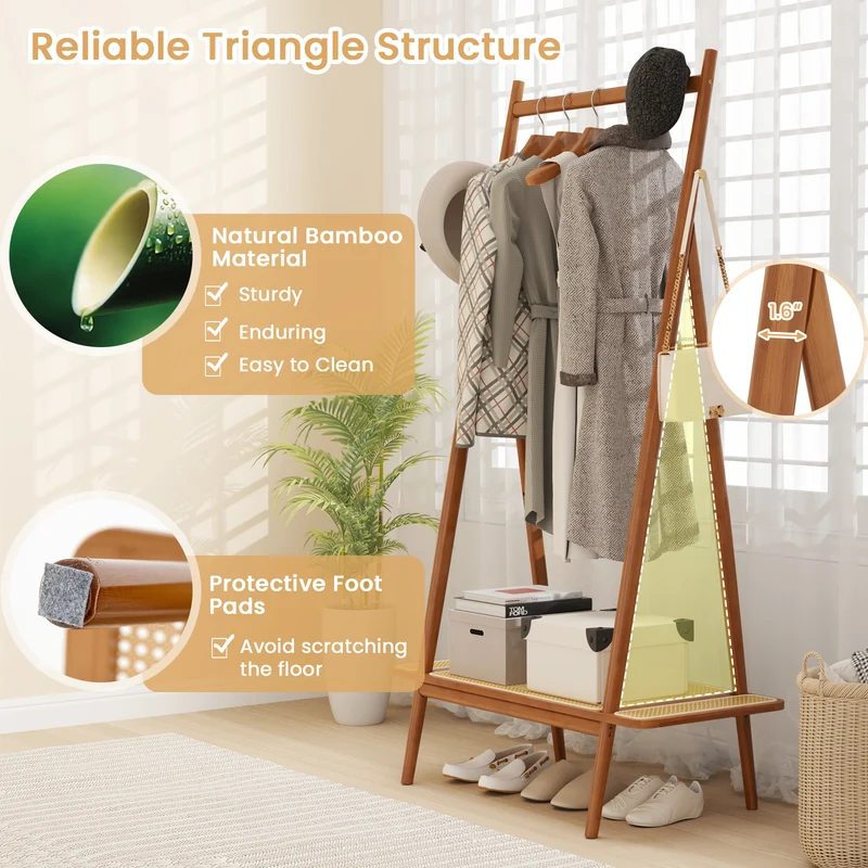 Bamboo Clothes Rack With Hanging Rod, Rattan Shelf, Copper Hooks, Brown