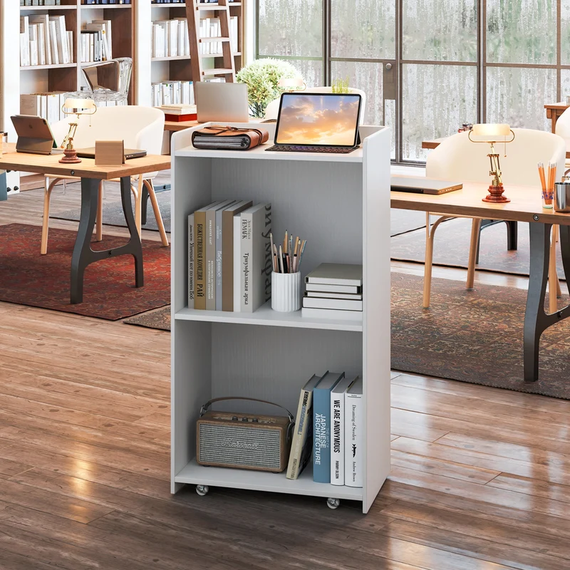 Rolling Podium Stand, 2 Shelves, Lockable Wheels, White