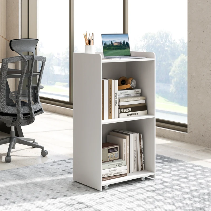 Rolling Podium Stand, 2 Shelves, Lockable Wheels, White