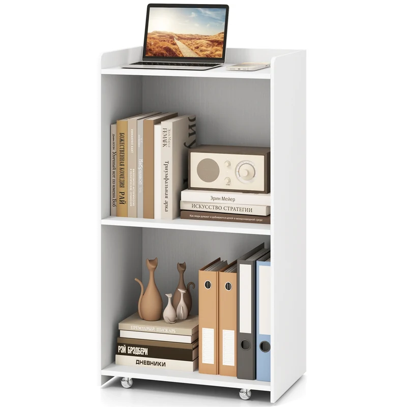 Rolling Podium Stand, 2 Shelves, Lockable Wheels, White