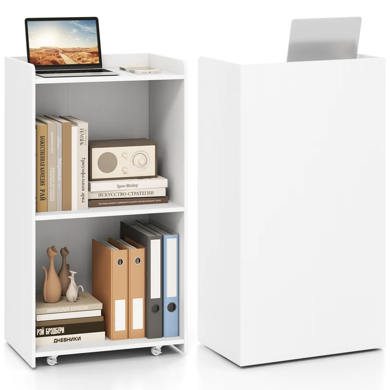 Rolling Podium Stand, 2 Shelves, Lockable Wheels, White