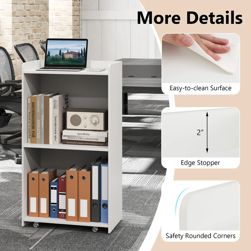 Rolling Podium Stand, 2 Shelves, Lockable Wheels, White
