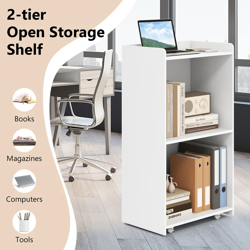 Rolling Podium Stand, 2 Shelves, Lockable Wheels, White