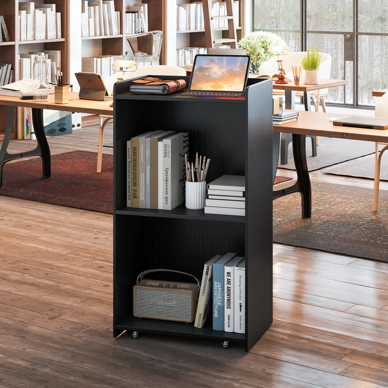 Rolling Podium Stand, 2 Shelves, Lockable Wheels, Black