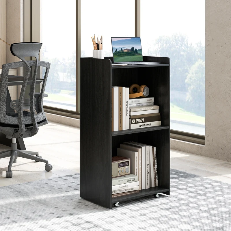 Rolling Podium Stand, 2 Shelves, Lockable Wheels, Black