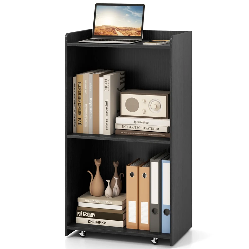 Rolling Podium Stand, 2 Shelves, Lockable Wheels, Black