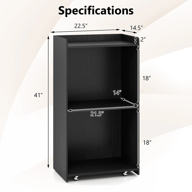 Rolling Podium Stand, 2 Shelves, Lockable Wheels, Black